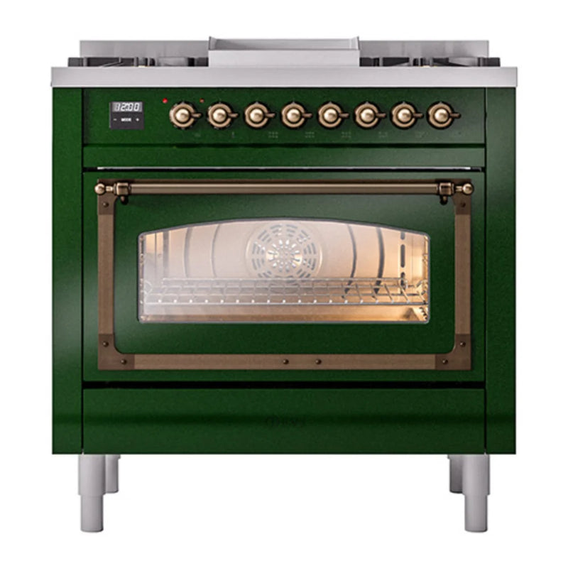 ILVE Nostalgie II Noblesse 36" Dual Fuel Freestanding Range in Emerald Green with Burnished Trim, UN36FNMPEGB