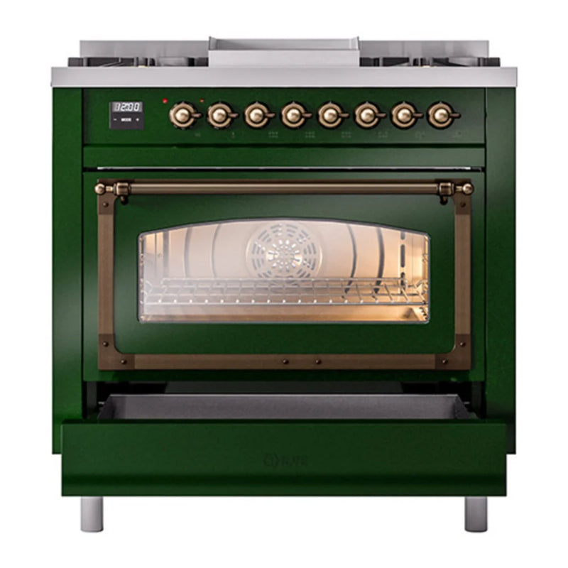 ILVE Nostalgie II Noblesse 36" Dual Fuel Freestanding Range in Emerald Green with Burnished Trim, UN36FNMPEGB