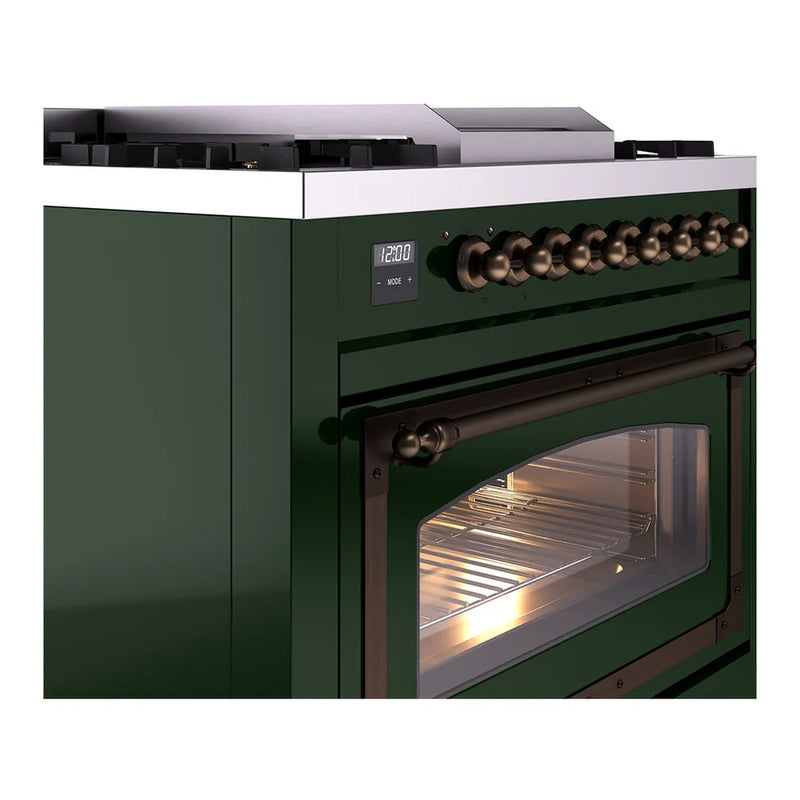 ILVE Nostalgie II Noblesse 36" Dual Fuel Freestanding Range in Emerald Green with Burnished Trim, UN36FNMPEGB