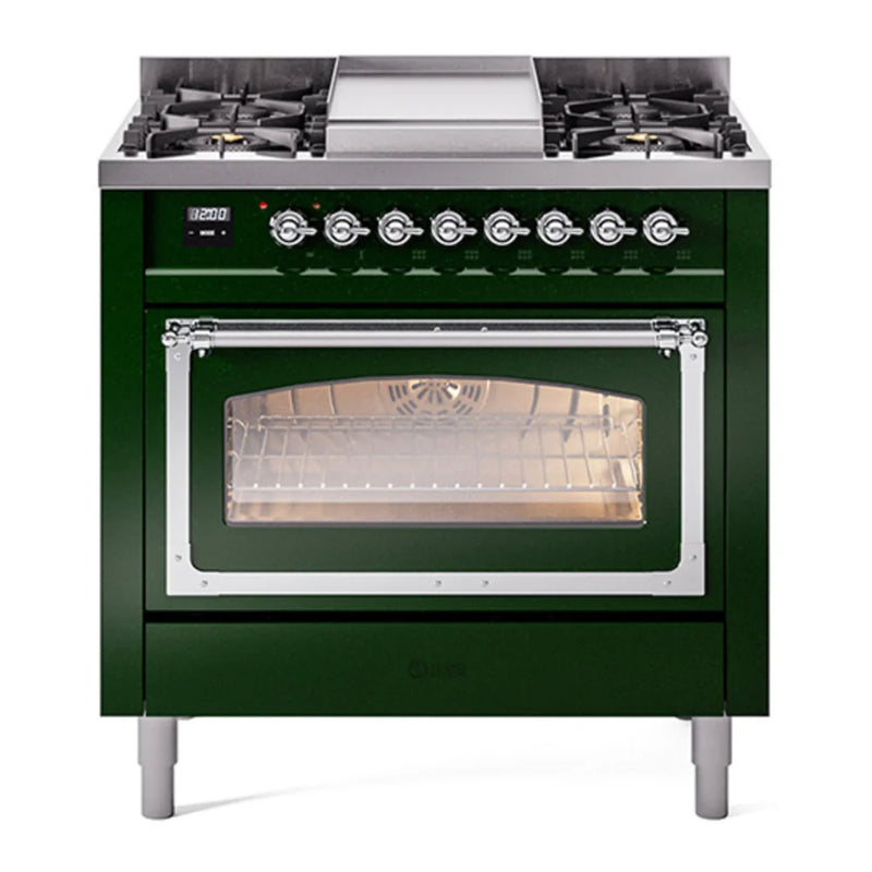ILVE Nostalgie II Noblesse 36" Dual Fuel Freestanding Range in Emerald Green with Chrome Trim, UN36FNMPEGCLP