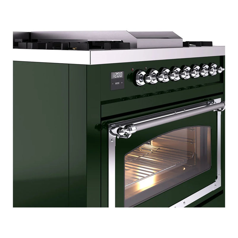 ILVE Nostalgie II Noblesse 36" Dual Fuel Freestanding Range in Emerald Green with Chrome Trim, UN36FNMPEGCLP