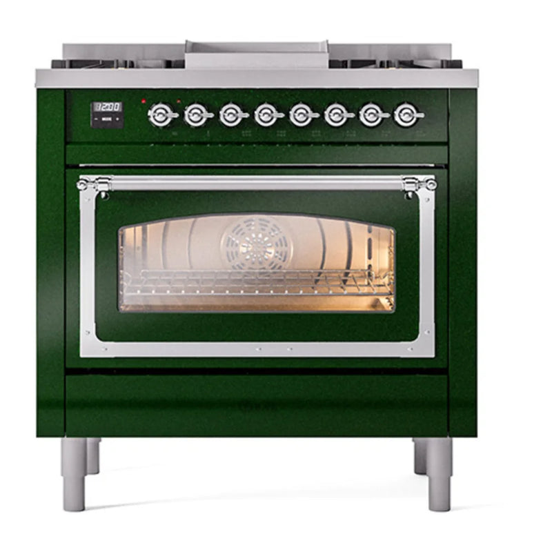 ILVE Nostalgie II Noblesse 36" Dual Fuel Freestanding Range in Emerald Green with Chrome Trim, UN36FNMPEGC