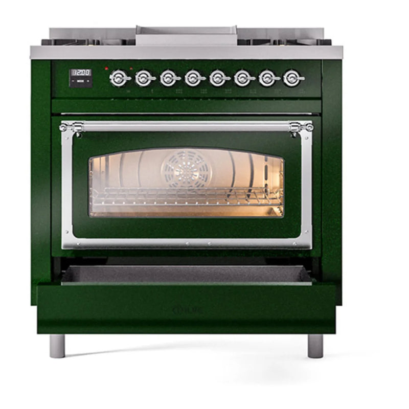 ILVE Nostalgie II Noblesse 36" Dual Fuel Freestanding Range in Emerald Green with Chrome Trim, UN36FNMPEGC