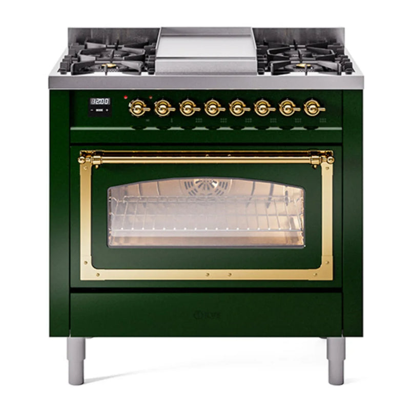 ILVE Nostalgie II Noblesse 36" Dual Fuel Freestanding Range in Emerald Green with Brass Trim, UN36FNMPEGG