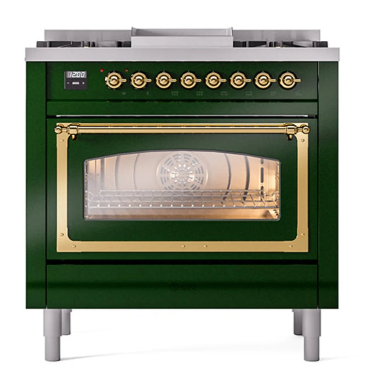 ILVE Nostalgie II Noblesse 36" Dual Fuel Freestanding Range in Emerald Green with Brass Trim, UN36FNMPEGG