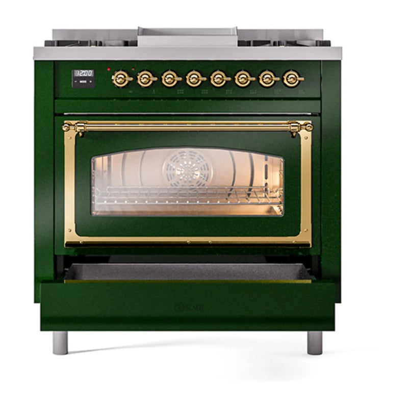 ILVE Nostalgie II Noblesse 36" Dual Fuel Freestanding Range in Emerald Green with Brass Trim, UN36FNMPEGG