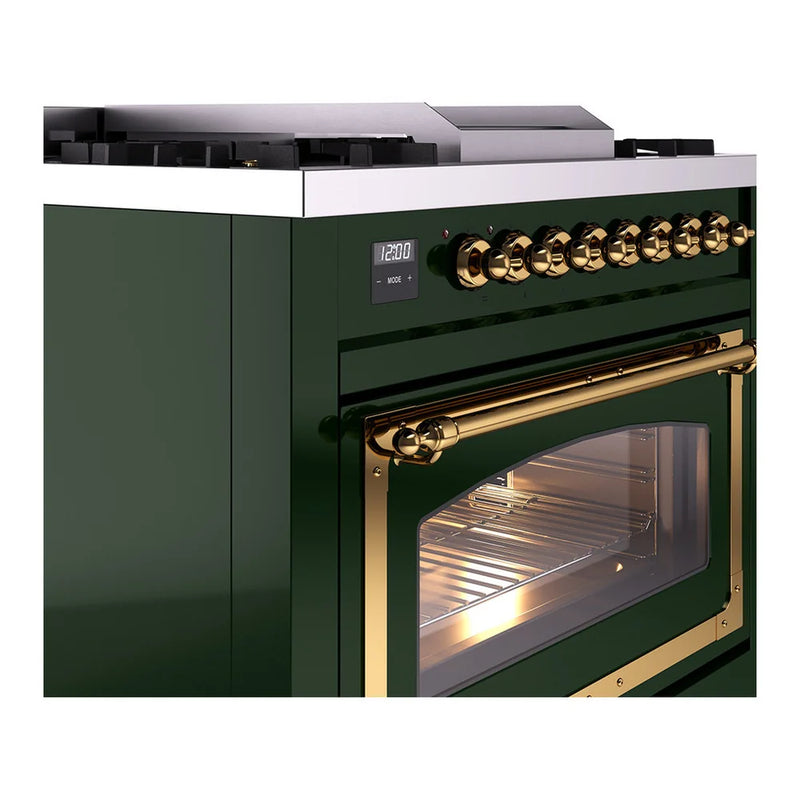 ILVE Nostalgie II Noblesse 36" Dual Fuel Freestanding Range in Emerald Green with Brass Trim, UN36FNMPEGG