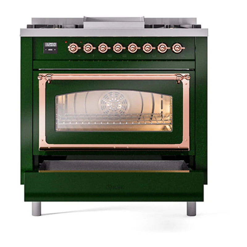 ILVE Nostalgie II Noblesse 36" Dual Fuel Freestanding Range in Emerald Green with Copper Trim, UN36FNMPEGPLP
