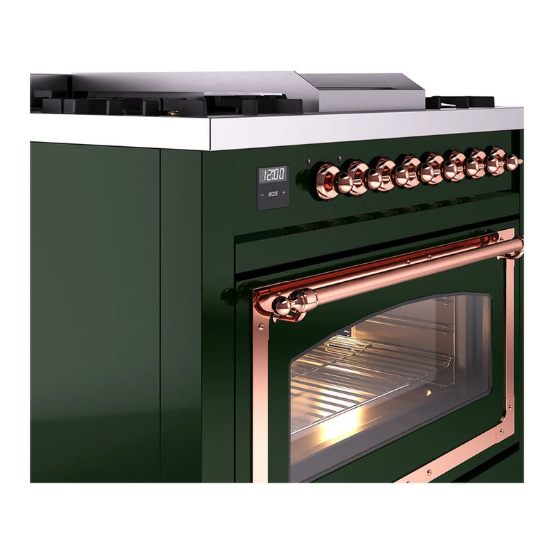 ILVE Nostalgie II Noblesse 36" Dual Fuel Freestanding Range in Emerald Green with Copper Trim, UN36FNMPEGPLP