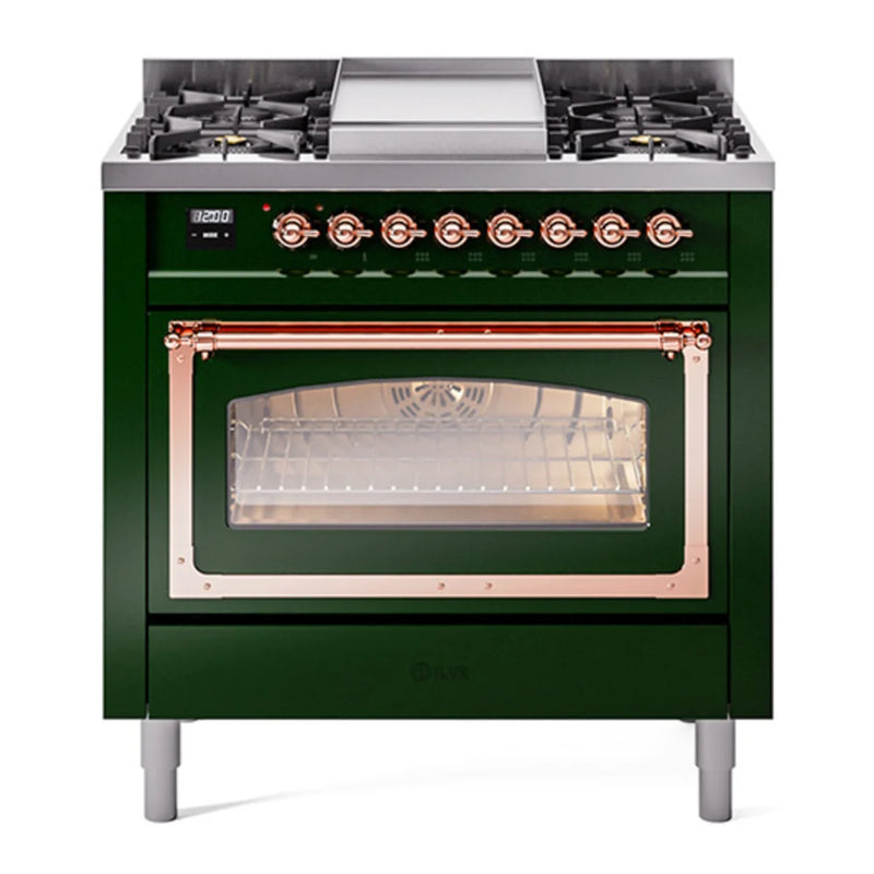 ILVE Nostalgie II Noblesse 36" Dual Fuel Freestanding Range in Emerald Green with Copper Trim, UN36FNMPEGP