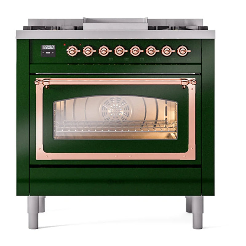 ILVE Nostalgie II Noblesse 36" Dual Fuel Freestanding Range in Emerald Green with Copper Trim, UN36FNMPEGP