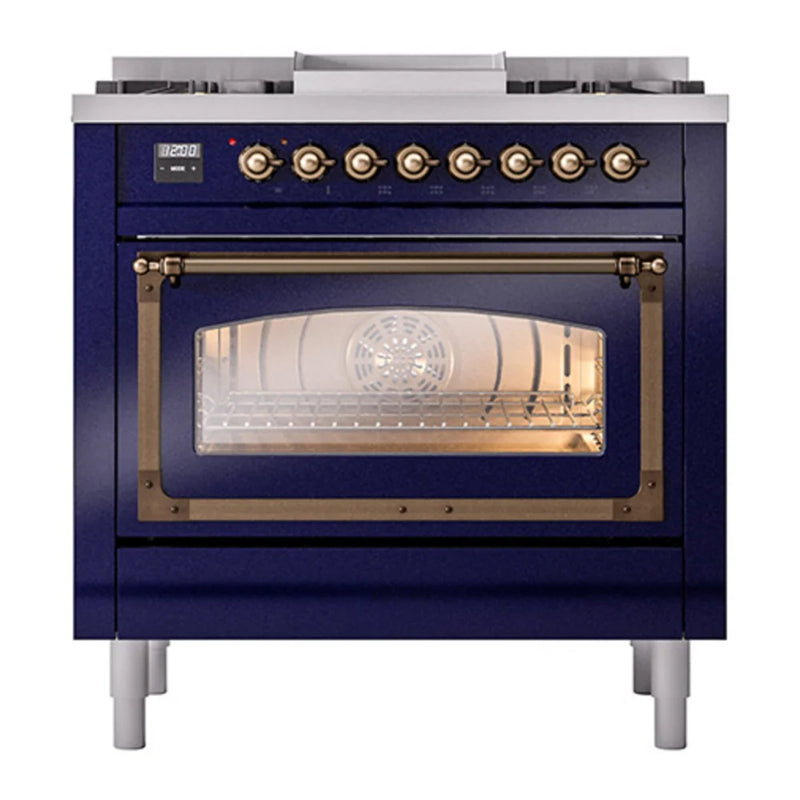 ILVE Nostalgie II Noblesse 36" Dual Fuel Freestanding Range in Midnight Blue with Burnished Trim, UN36FNMPMBBLP