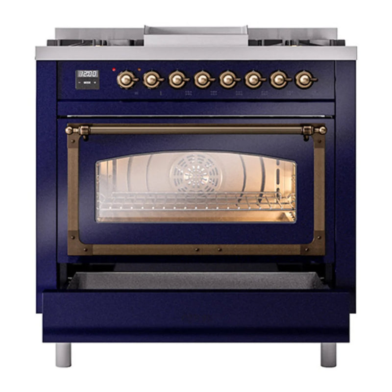 ILVE Nostalgie II Noblesse 36" Dual Fuel Freestanding Range in Midnight Blue with Burnished Trim, UN36FNMPMBBLP