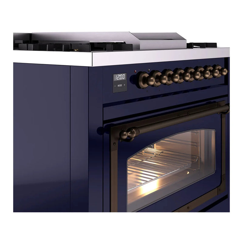ILVE Nostalgie II Noblesse 36" Dual Fuel Freestanding Range in Midnight Blue with Burnished Trim, UN36FNMPMBBLP