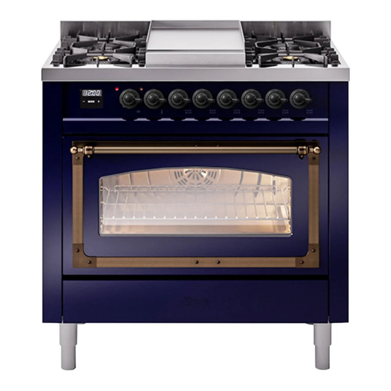 ILVE Nostalgie II Noblesse 36" Dual Fuel Freestanding Range in Midnight Blue with Burnished Trim, UN36FNMPMBB