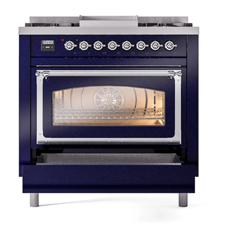 ILVE Nostalgie II Noblesse 36" Dual Fuel Freestanding Range in Midnight Blue with Chrome Trim, UN36FNMPMBCLP
