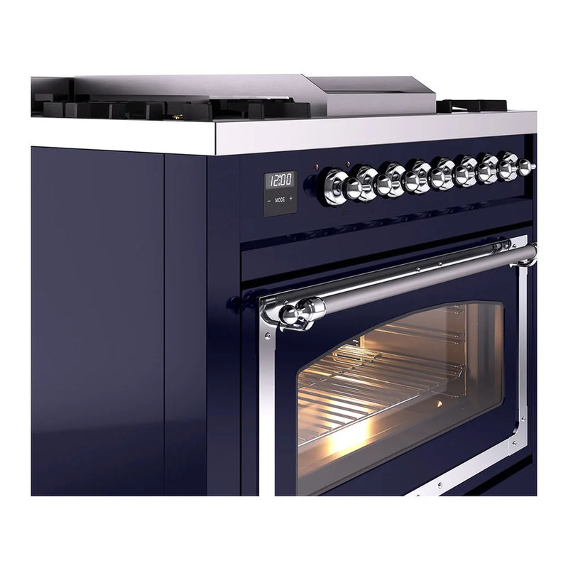 ILVE Nostalgie II Noblesse 36" Dual Fuel Freestanding Range in Midnight Blue with Chrome Trim, UN36FNMPMBCLP