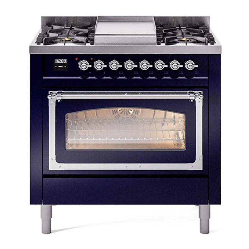 ILVE Nostalgie II Noblesse 36" Dual Fuel Freestanding Range in Midnight Blue with Chrome Trim, UN36FNMPMBC