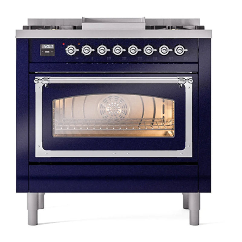 ILVE Nostalgie II Noblesse 36" Dual Fuel Freestanding Range in Midnight Blue with Chrome Trim, UN36FNMPMBC