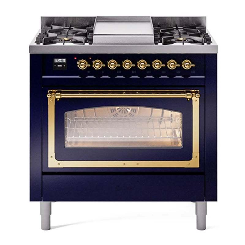 ILVE Nostalgie II Noblesse 36" Dual Fuel Freestanding Range in Midnight Blue with Brass Trim, UN36FNMPMBGLP