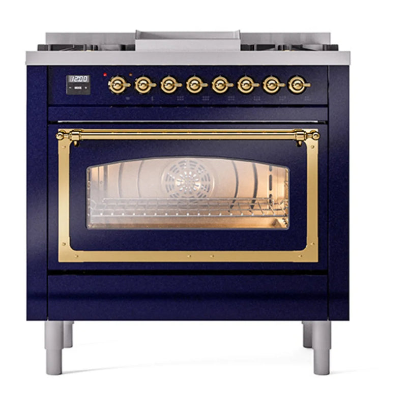 ILVE Nostalgie II Noblesse 36" Dual Fuel Freestanding Range in Midnight Blue with Brass Trim, UN36FNMPMBGLP