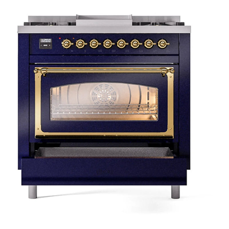 ILVE Nostalgie II Noblesse 36" Dual Fuel Freestanding Range in Midnight Blue with Brass Trim, UN36FNMPMBGLP
