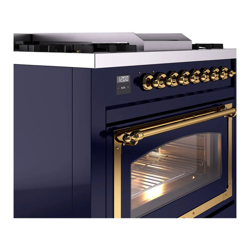 ILVE Nostalgie II Noblesse 36" Dual Fuel Freestanding Range in Midnight Blue with Brass Trim, UN36FNMPMBGLP