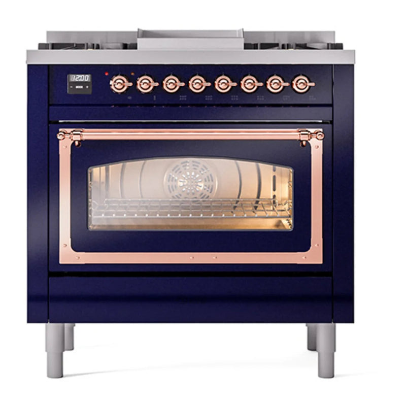 ILVE Nostalgie II Noblesse 36" Dual Fuel Freestanding Range in Midnight Blue with Copper Trim, UN36FNMPMBPLP