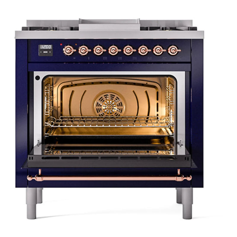 ILVE Nostalgie II Noblesse 36" Dual Fuel Freestanding Range in Midnight Blue with Copper Trim, UN36FNMPMBPLP