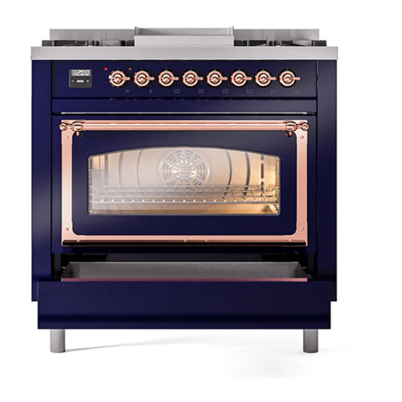 ILVE Nostalgie II Noblesse 36" Dual Fuel Freestanding Range in Midnight Blue with Copper Trim, UN36FNMPMBPLP