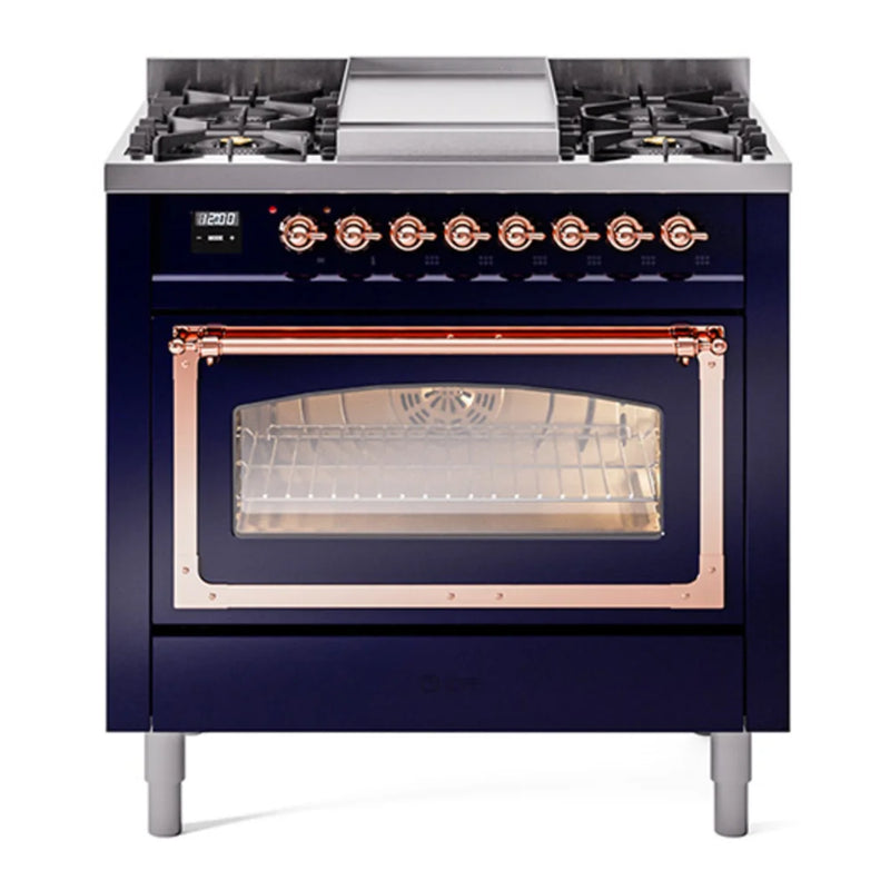ILVE Nostalgie II Noblesse 36" Dual Fuel Freestanding Range in Midnight Blue with Copper Trim, UN36FNMPMBP