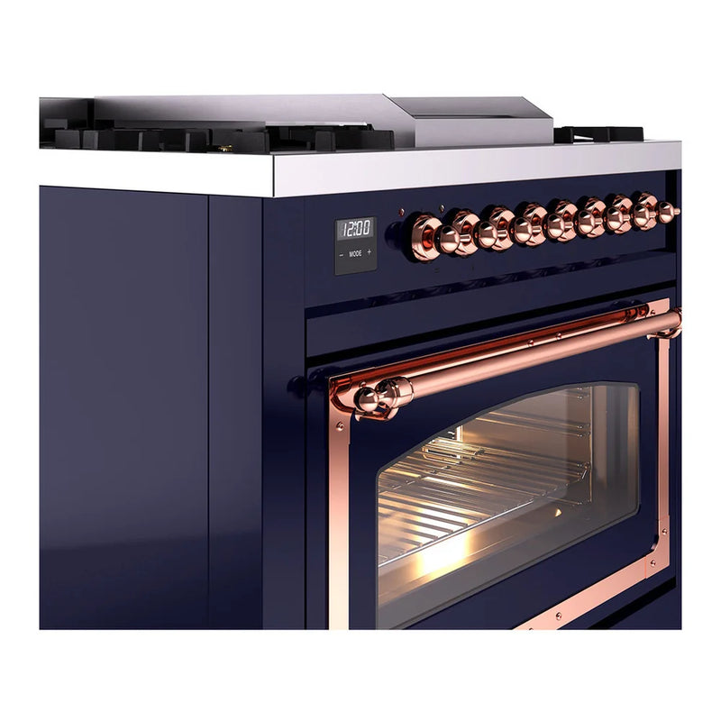 ILVE Nostalgie II Noblesse 36" Dual Fuel Freestanding Range in Midnight Blue with Copper Trim, UN36FNMPMBP