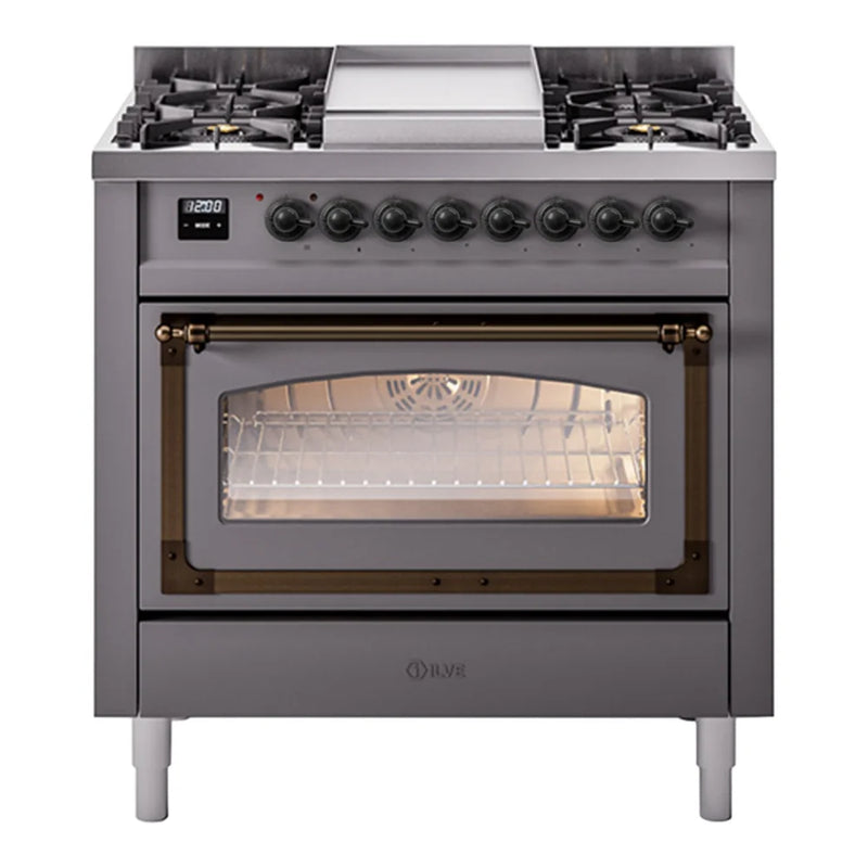 ILVE Nostalgie II Noblesse 36" Dual Fuel Freestanding Range in Graphite Matte with Burnished Trim, UN36FNMPMGBLP