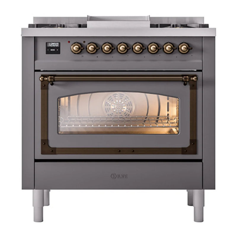 ILVE Nostalgie II Noblesse 36" Dual Fuel Freestanding Range in Graphite Matte with Burnished Trim, UN36FNMPMGBLP