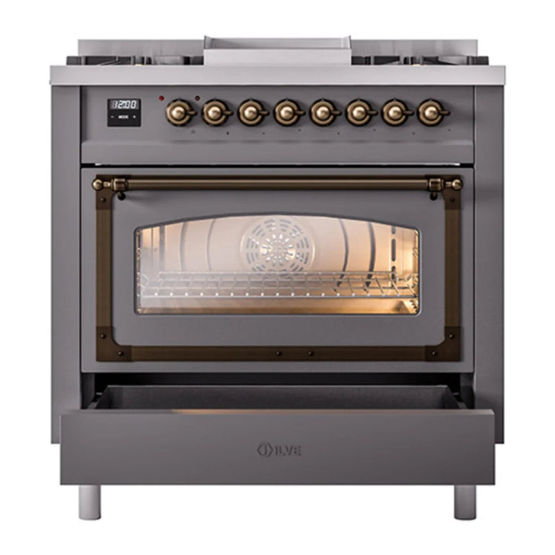 ILVE Nostalgie II Noblesse 36" Dual Fuel Freestanding Range in Graphite Matte with Burnished Trim, UN36FNMPMGBLP