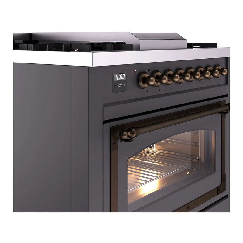 ILVE Nostalgie II Noblesse 36" Dual Fuel Freestanding Range in Graphite Matte with Burnished Trim, UN36FNMPMGBLP