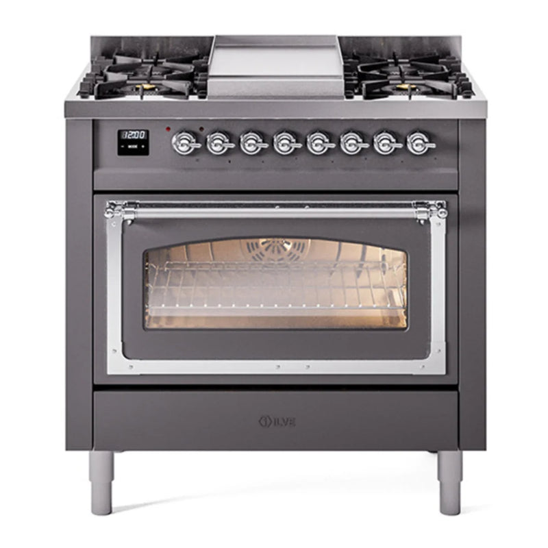 ILVE Nostalgie II Noblesse 36" Dual Fuel Freestanding Range in Graphite Matte with Chrome Trim, UN36FNMPMGCLP