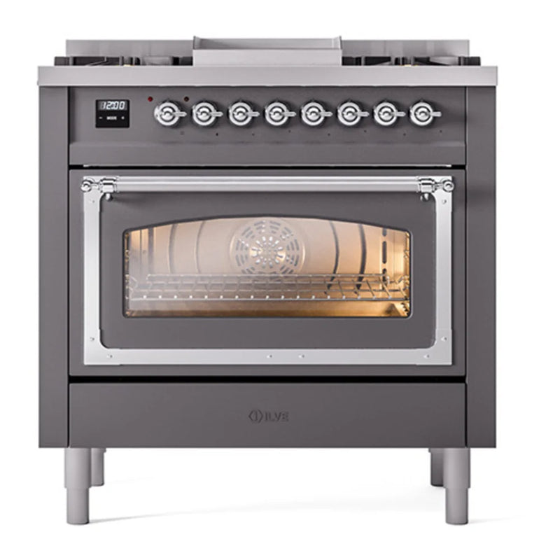 ILVE Nostalgie II Noblesse 36" Dual Fuel Freestanding Range in Graphite Matte with Chrome Trim, UN36FNMPMGCLP