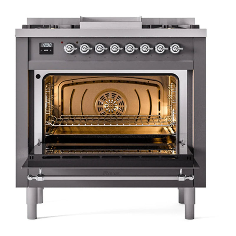 ILVE Nostalgie II Noblesse 36" Dual Fuel Freestanding Range in Graphite Matte with Chrome Trim, UN36FNMPMGCLP