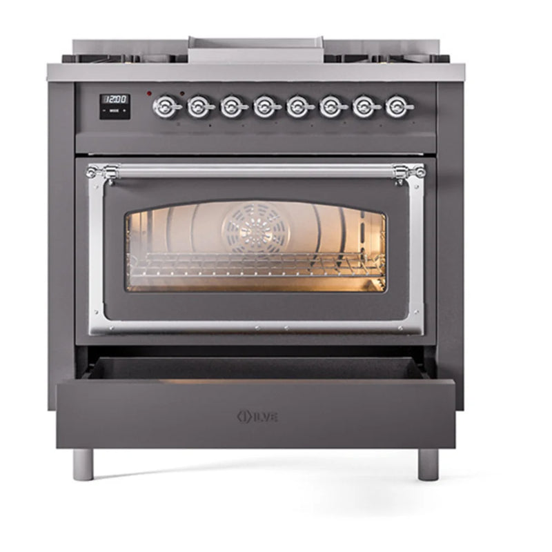 ILVE Nostalgie II Noblesse 36" Dual Fuel Freestanding Range in Graphite Matte with Chrome Trim, UN36FNMPMGC