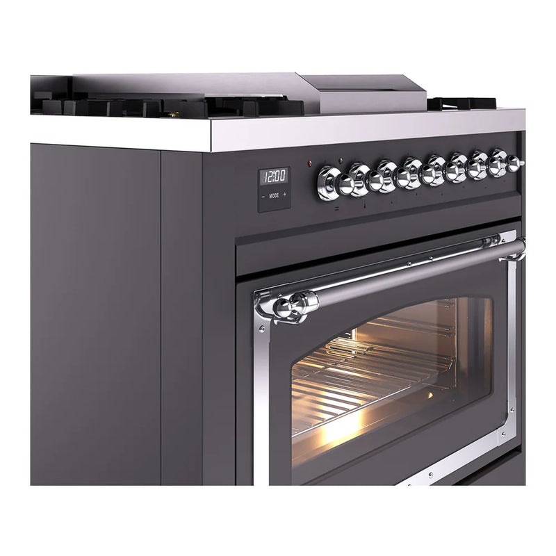 ILVE Nostalgie II Noblesse 36" Dual Fuel Freestanding Range in Graphite Matte with Chrome Trim, UN36FNMPMGC