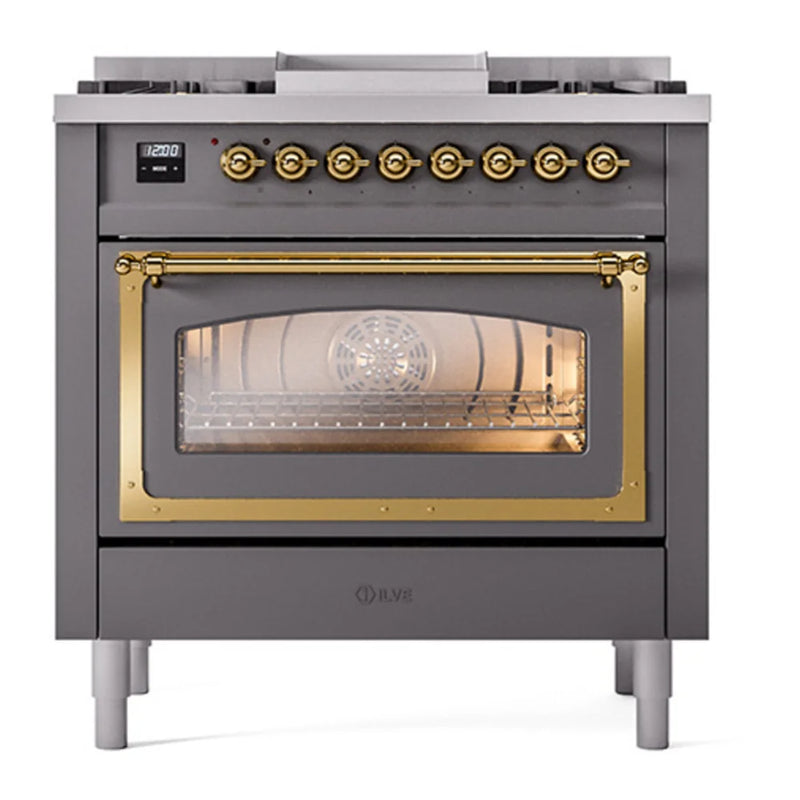 ILVE Nostalgie II Noblesse 36" Dual Fuel Freestanding Range in Graphite Matte with Brass Trim, UN36FNMPMGGLP