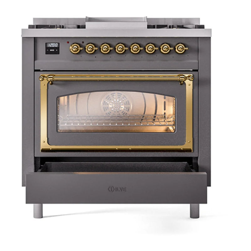 ILVE Nostalgie II Noblesse 36" Dual Fuel Freestanding Range in Graphite Matte with Brass Trim, UN36FNMPMGGLP
