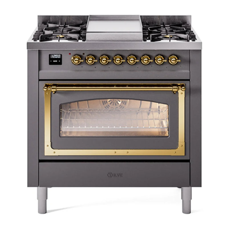 ILVE Nostalgie II Noblesse 36" Dual Fuel Freestanding Range in Graphite Matte with Brass Trim, UN36FNMPMGG