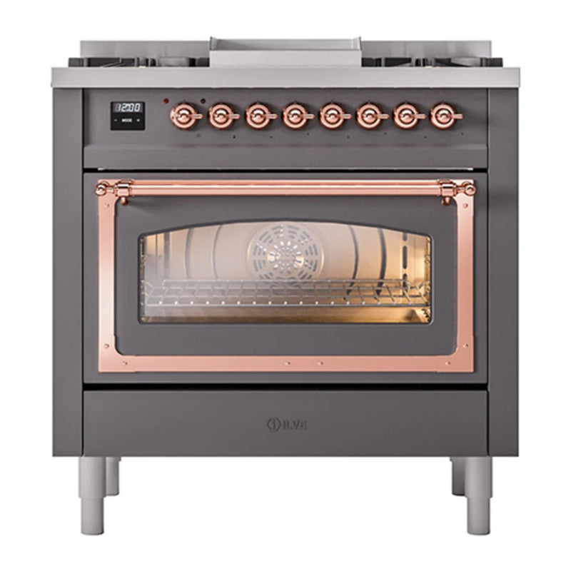 ILVE Nostalgie II Noblesse 36" Dual Fuel Freestanding Range in Graphite Matte with Copper Trim, UN36FNMPMGPLP