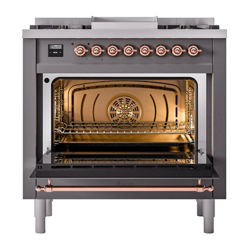 ILVE Nostalgie II Noblesse 36" Dual Fuel Freestanding Range in Graphite Matte with Copper Trim, UN36FNMPMGPLP