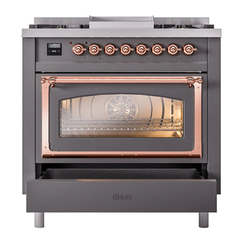 ILVE Nostalgie II Noblesse 36" Dual Fuel Freestanding Range in Graphite Matte with Copper Trim, UN36FNMPMGPLP