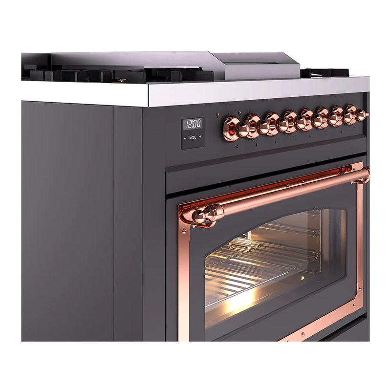 ILVE Nostalgie II Noblesse 36" Dual Fuel Freestanding Range in Graphite Matte with Copper Trim, UN36FNMPMGPLP