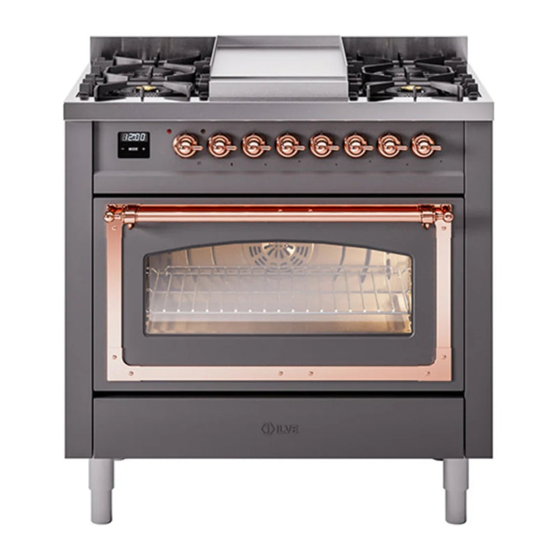ILVE Nostalgie II Noblesse 36" Dual Fuel Freestanding Range in Graphite Matte with Copper Trim, UN36FNMPMGP