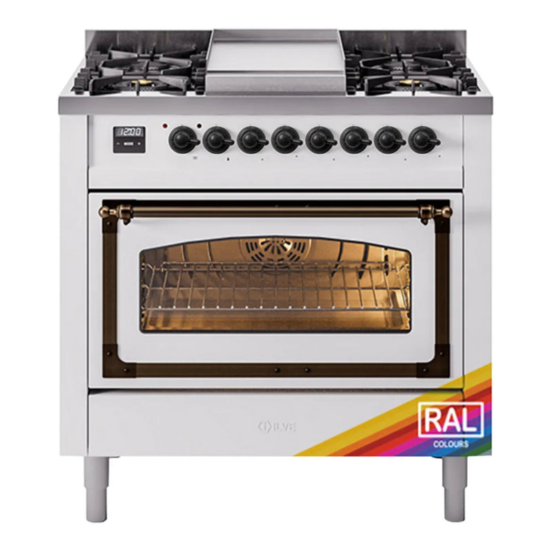 ILVE Nostalgie II Noblesse 36" Dual Fuel Freestanding Range in RAL Color with Burnished Trim, UN36FNMPRAB